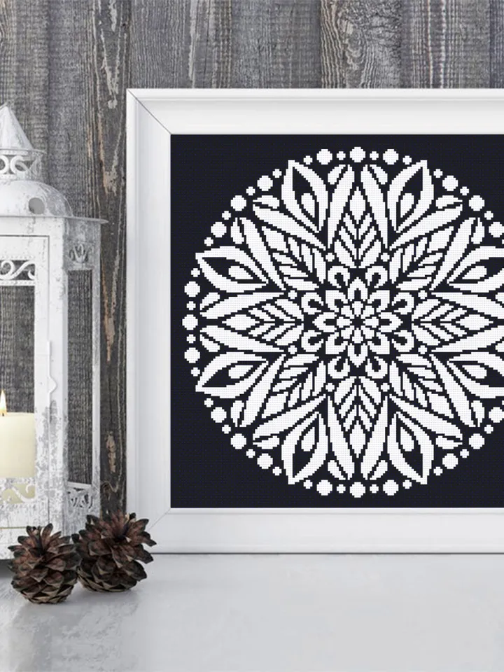 Flower mandala cross stitch pattern download PDF Simple mandala digital Monochrome cross stitch Modern cross stitch pillow Home decor #M177