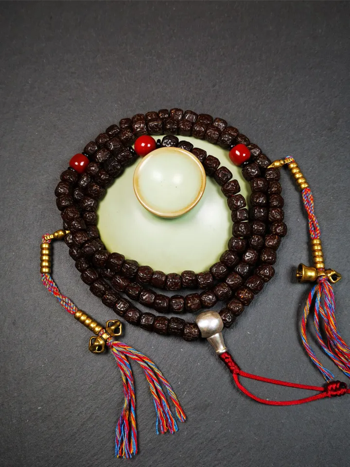 Gandhanra Old Tibetan 108 Rudraksha Mala,Prayer Beads Necklace,Rosary Beads for Meditation,Diameter 0.32", Circumference 30"