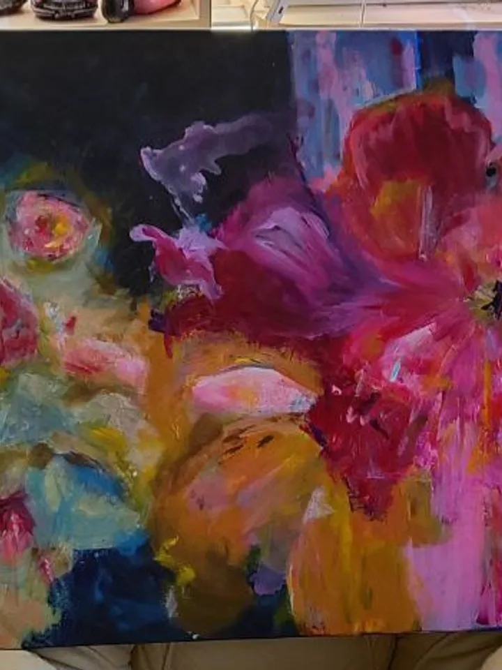 "Flowers Impress" still life acrylic, oil, canvas on stretcher 100x75cm (40x30inch)