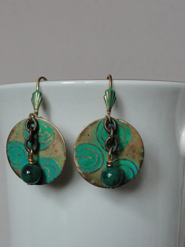 Boho Shabby chic Vintaj solid and natural brass Chrysocolla Textured patinated earrings with chain