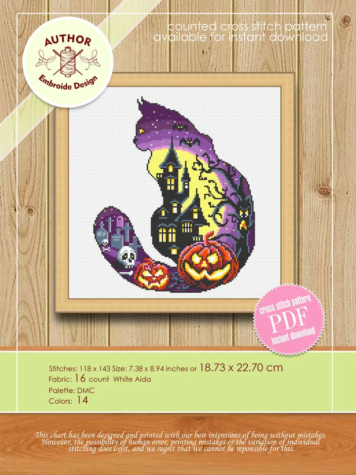 Halloween cat cross stitch pattern PDF download Haunted house cross stitch chart, Halloween pattern digital PDF, Spooky cross stitch #S52