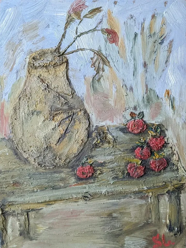 Oil painting with autumn apples and jug on table in garden, original painting on cardboard 10x7 inches