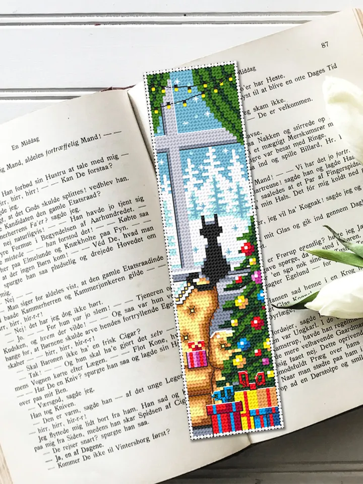 Cat bookmark cross stitch pattern download PDF Christmas handmade bookmark digital PDF, Cute Black cat embroidery Christmas tree stitch #B94