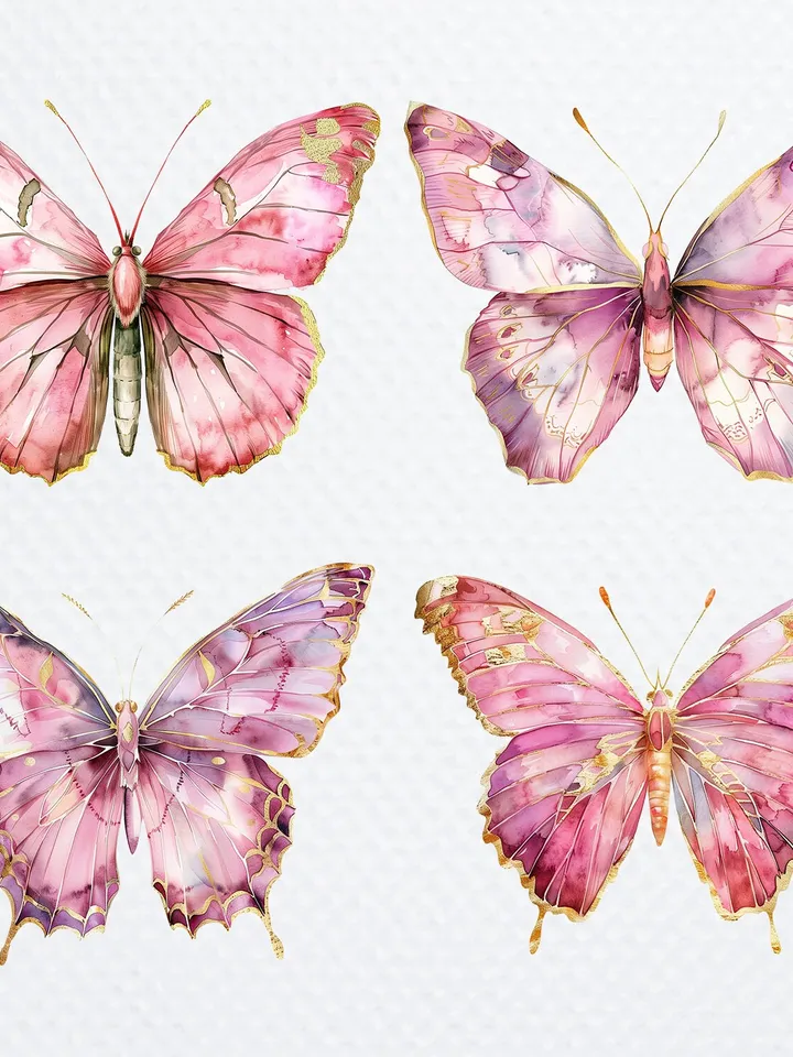 12 Pink Golden Butterfly PNG Clipart, Printable Watercolor Butterfly, Butterfly sublimation, Paper craft, junk journals, Digital download