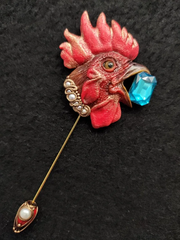 Brooch Rooster. Original handmade brooch with precious stones and pearls.