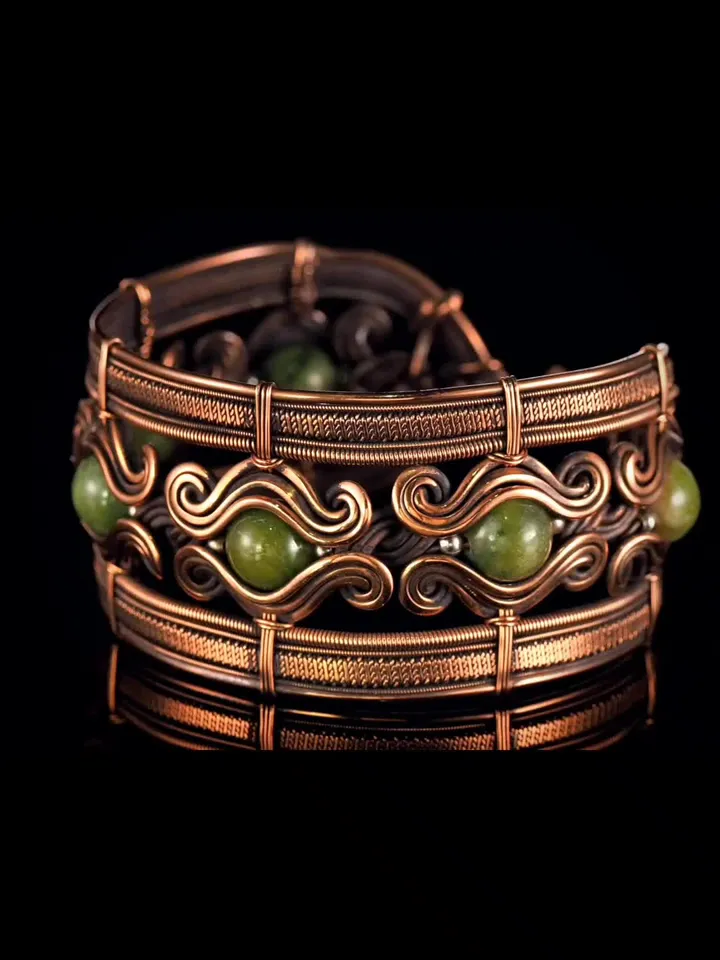 Copper wire wrapped jade bracelet 7th Anniversary gift