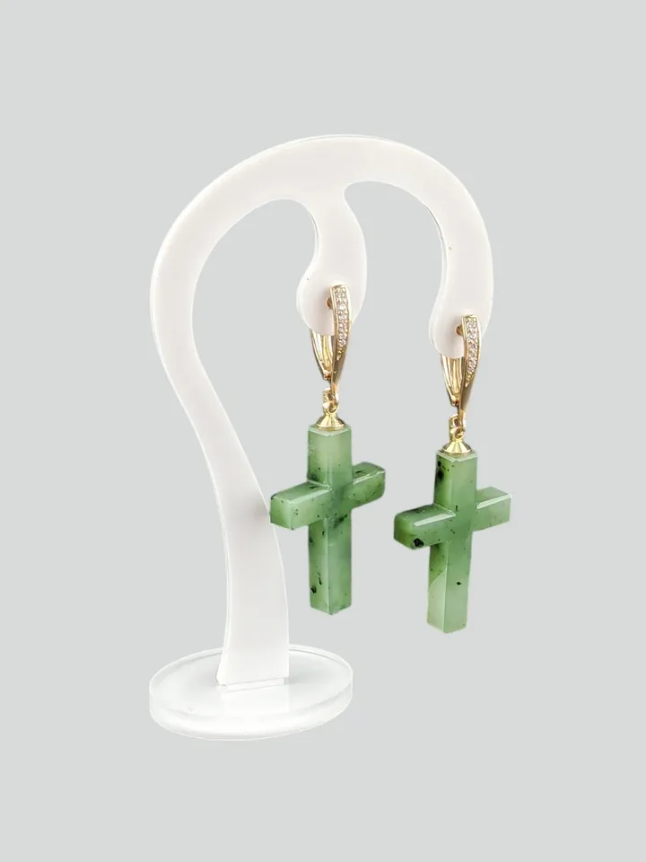 Cross earrings made of solid green jade.