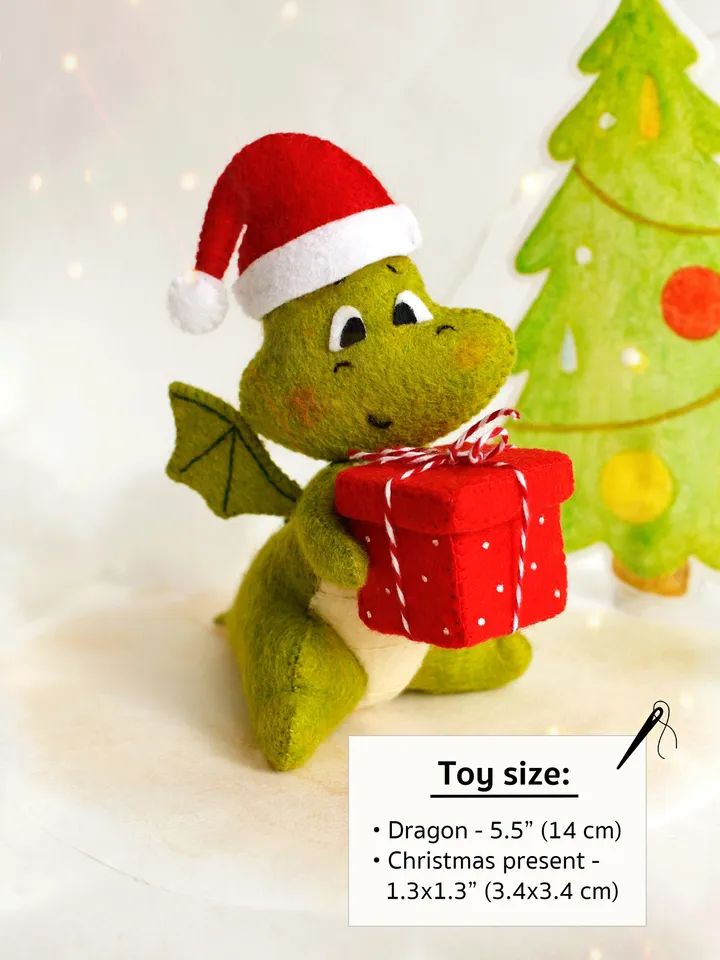 Felt green dragon with Christmas present hand sewing PDF tutorial with patterns, DIY Christmas tree ornament. Felt dinosaur toy pattern