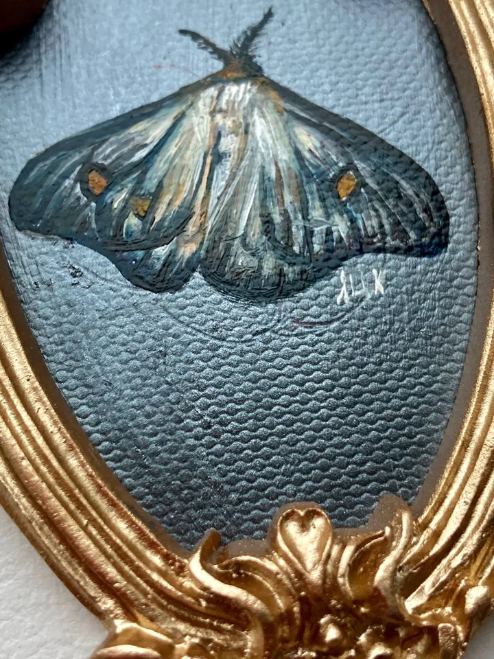 Moth Painting Original Gold Frame Art Original Oil Painting Small 3x4 Butterfly Artwork Enotomology Wall Decor
