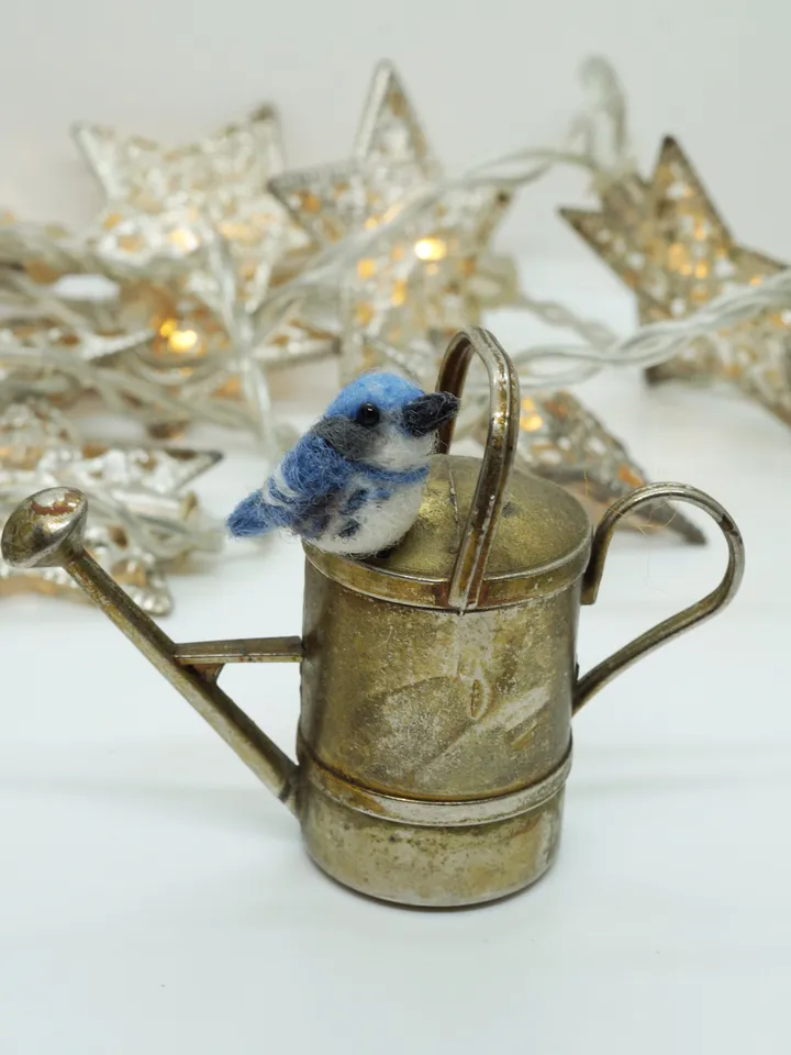 Tiny needle felted cerulean warbler, miniature bird