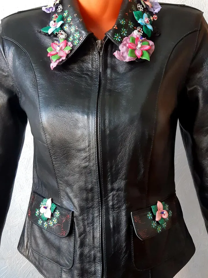 Ladie's Genuine Soft Lambskin Leather Jacket in Black. Handmade Embroidered Lacing Jacket with Pockets. New Casual Style Leather clothes.