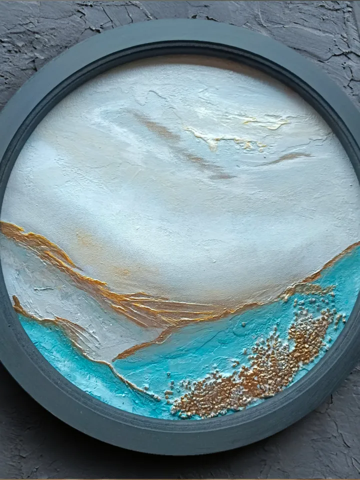 Round painting, Wall decor, round landscape, blue painting