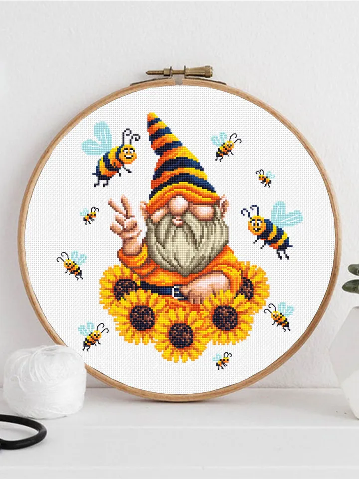 Sunflower gnome cross stitch pattern download PDF, Cute gnome pattern digital PDF, Bee gnome embroidery, Yellow sunflowers cross stitch #P34