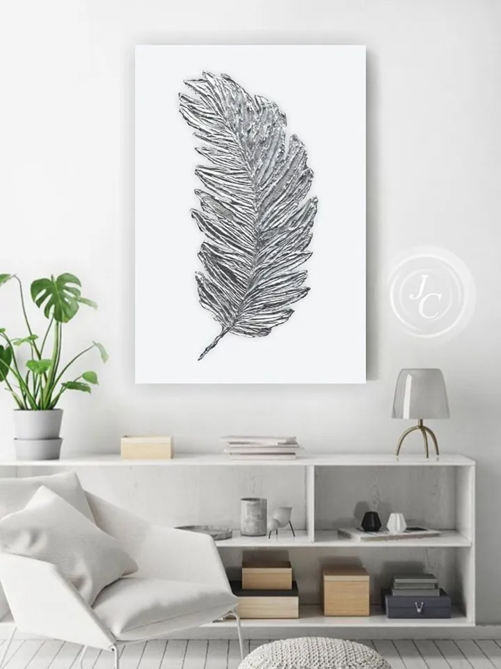 Silver Feather Abstract Wall Art Original Painting Textured artwork Silver wall decor Modern wall art