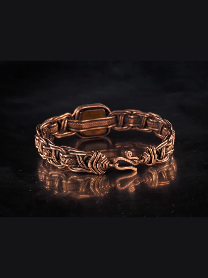 Copper wire wrapped brown agate bracelet Unique woven copper wire bangle