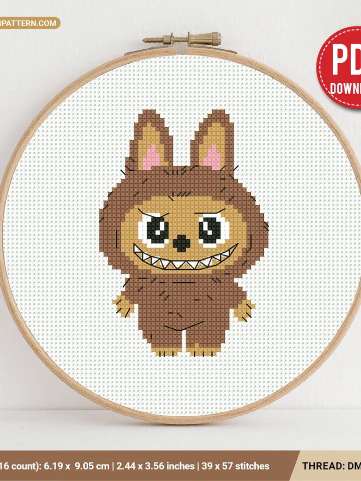 Cute brown monster Cross stitch pattern PDF, Small Cross stitch, Kawaii, beginner counted, Tiny modern chart, gift DIY, embroidery