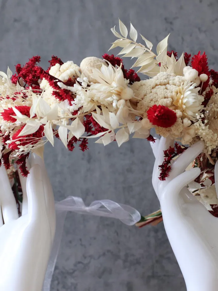 Natural Dried Flower Wedding Crown & Bouquet Set, Wedding Hair Accessories, red wedding crown, elegant flower crown