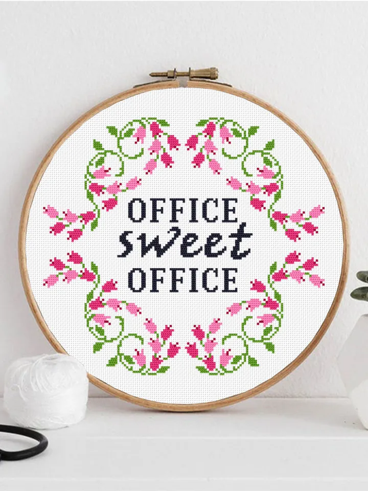 Framed quote cross stitch pattern Office sweet office instant download PDF, Flower wreath cross stitch chart, DIY Home office decor #Q26