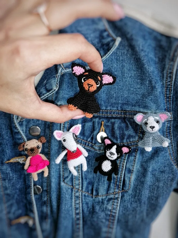 PDF Crochet Dogs Brooches SET Pattern: Bull Terrier , Pug, Siberian Husky, Pinscher, Bulldog, Amigurumi dog, Crochet Animal Pattern
