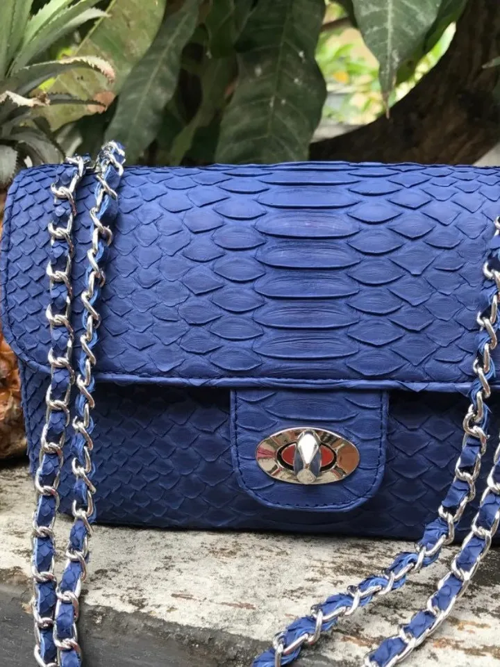 Blue Genuine Python Skin Crossbody Chain Bag | Bright Summer Bag | Elegant Women Bag | Chain Strap Crossbody Deep blue classy Purse