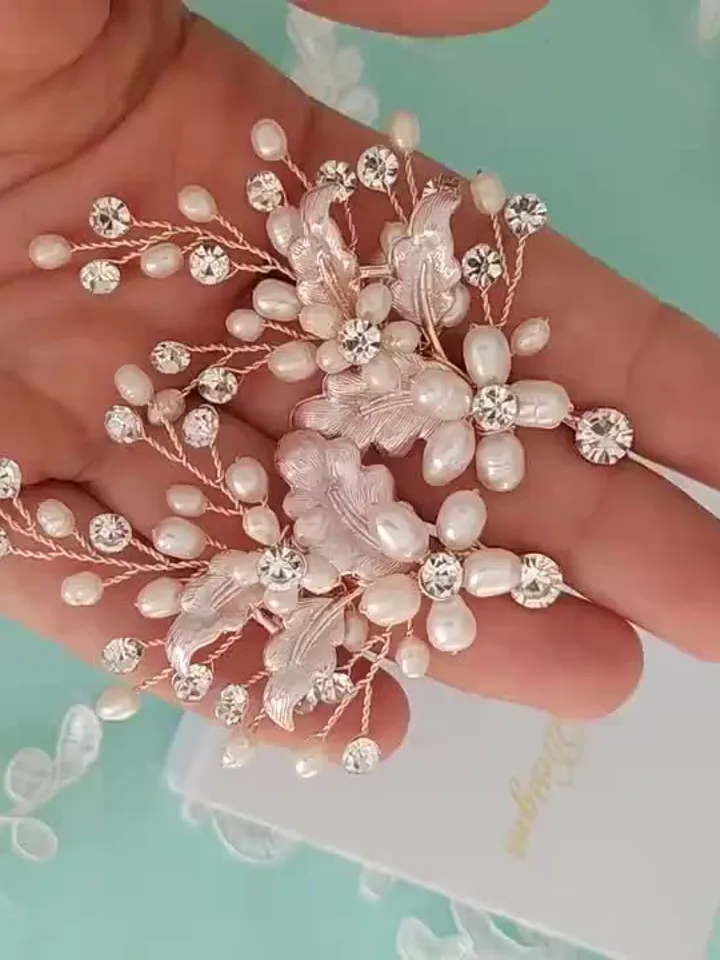 Rose Gold Vintage Leaf Wedding Earrings, Freshwater Pearl Floral Boho Wedding Earrings, Long Chandelier Statement Earrings, Bridal Jewelry