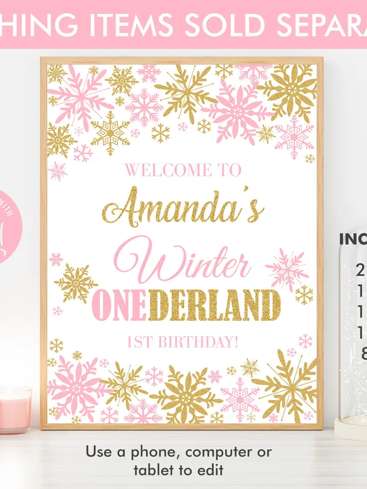 Winter Onederland Invitation Girl 1st Birthday Invitation, Winter Wonderland Birthday Invitation, Pink Gold Snowflake Editable Template
