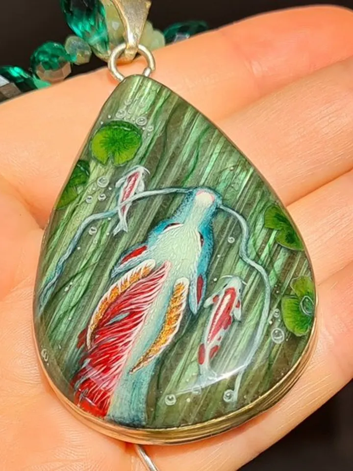 Dragon necklace with koi Miniature painting Labradorite pendant Witchy necklace