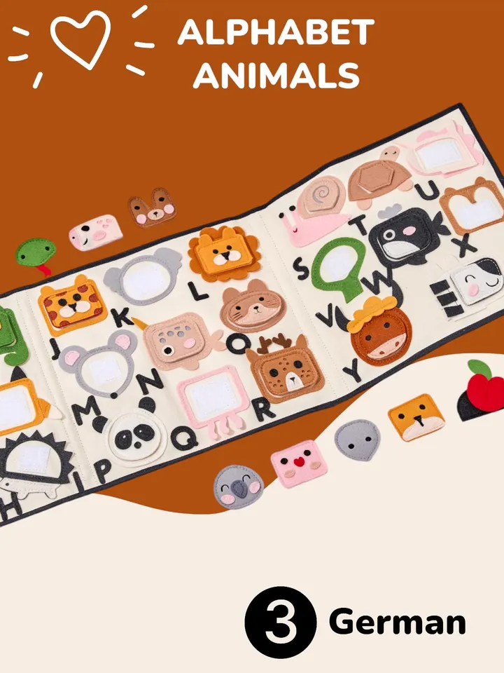 abc quiet book toddler ENGLISH alphabet, 2 year old toys, montessori activity sensory animals felt book, sensory soft board, kinderkrama