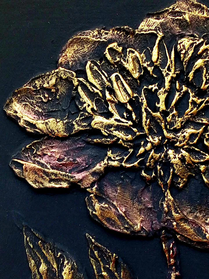 Peony Painting Textured Original Art Bas Relief Small Flower Painting Floral Black Gold Wall Art 8"x 6" By Colibri Art