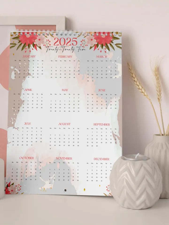 Printable 2025 Calendar, Monthly and Yearly Floral Calendar, A4 PDF & JPEG Files, Digital Wall Calendar, Modern Home Office Decor, New Year
