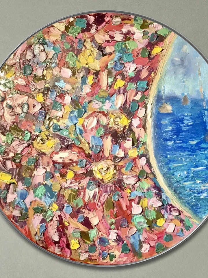 Fantasy mix media seascape and flowers painting,oil impasto painting,colourful wall art on round canvas,unique handmade gift home decor.