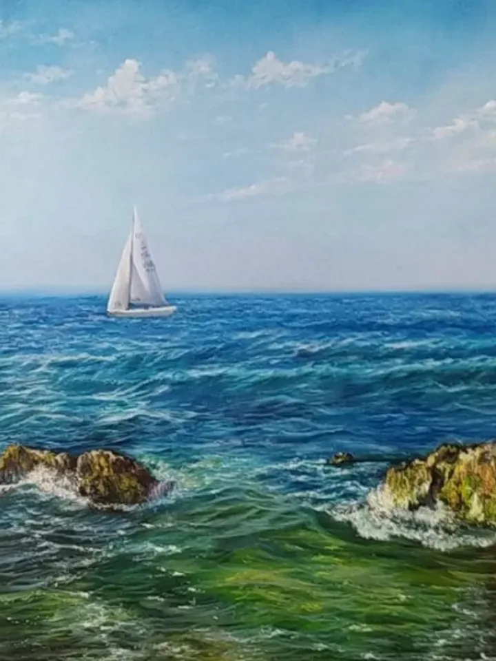 Painting on canvas “Distant sailboat”, oil, size 70x50cm