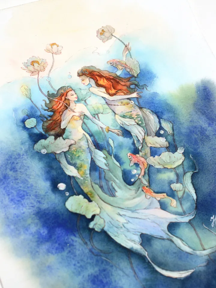 Fantasy art of red-haired twins, Two mermaid sisters