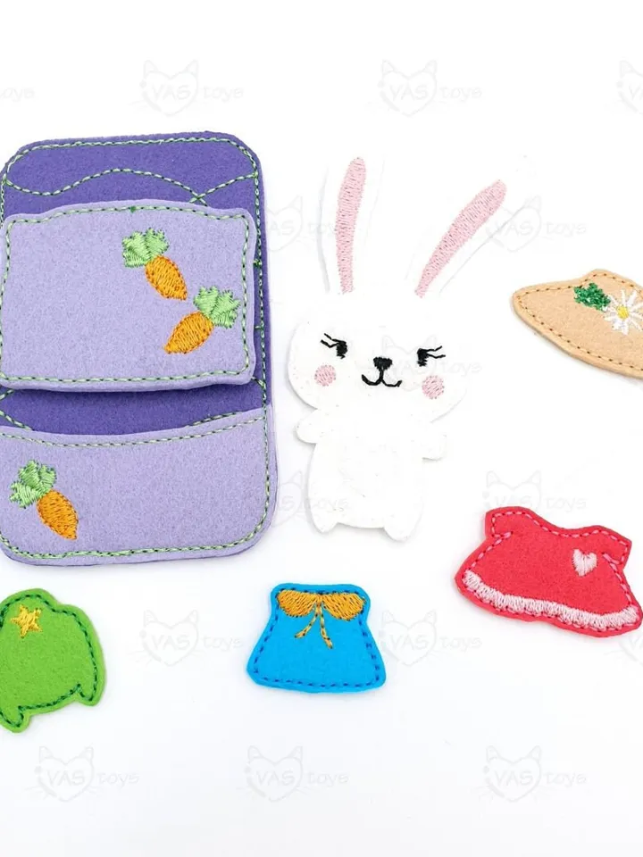 Bunny Dress Up Doll & Bed Pocket ITH Embroidery Design Set, Felt Paper Doll Clothes Pattern, Quiet Book Toy 4x4 Hoop