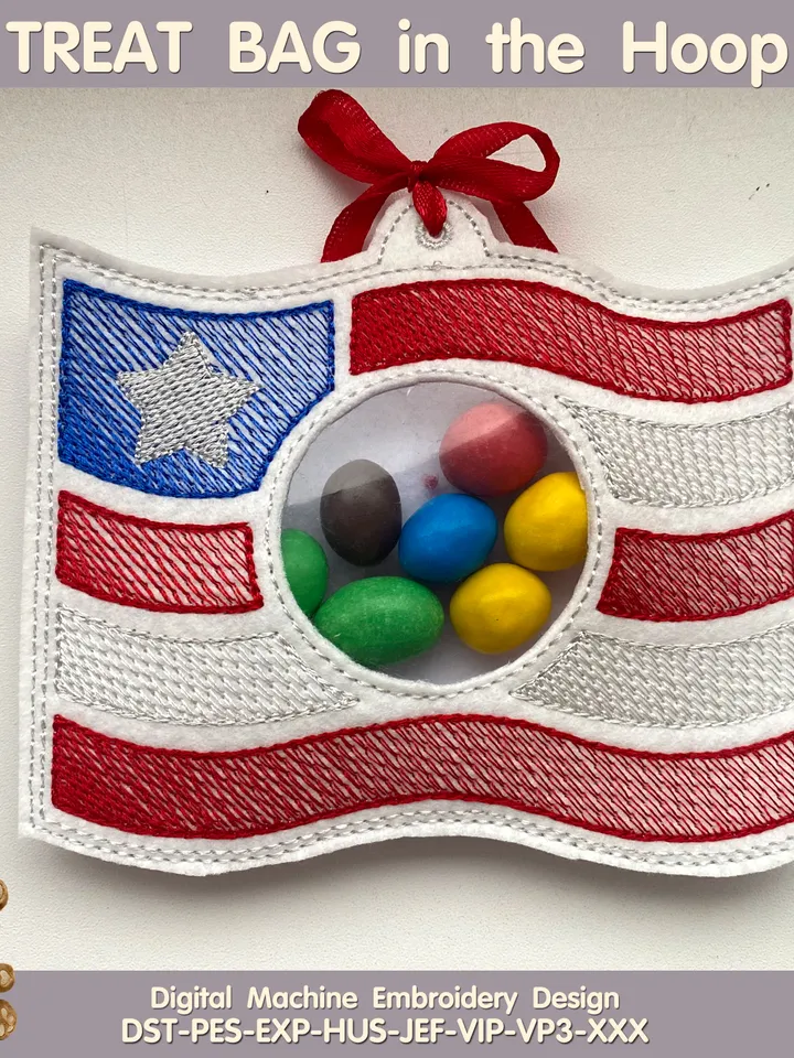 In The Hoop Machine Embroidery design ITH Peekabo Bag American Flag USA Patriotic 4th of July Treat Bag ITH Pattern.