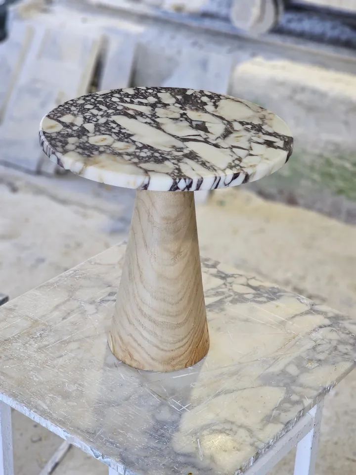 Calacatta viola or silver marble & travertine end table wooden leg model is handmade free shipping