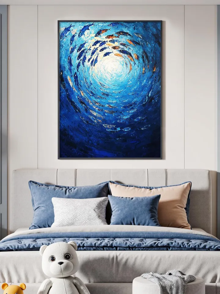 Ocean Painting, School of Fish Art, Impasto Fish Artwork, Blue Ocean Art, Underwater Scene, Textured Wall Art, Original Painting, Home Decor