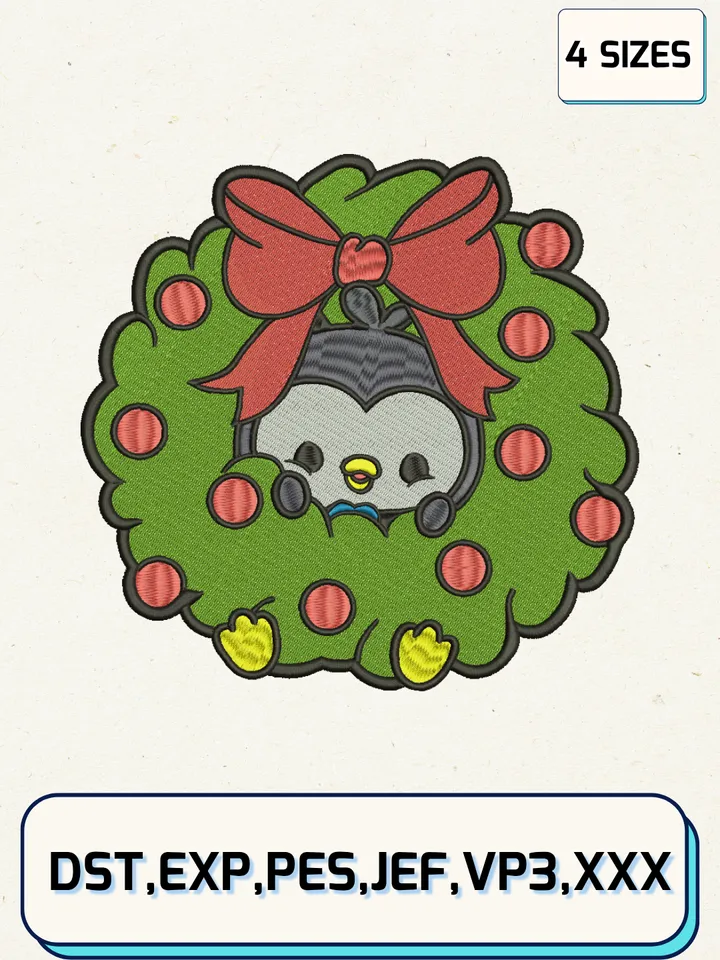 Cute Penguin In Christmas Garland Embroidery Designs,Christmas Embroidery Designs,Machine Embroidery Files,4 Sizes