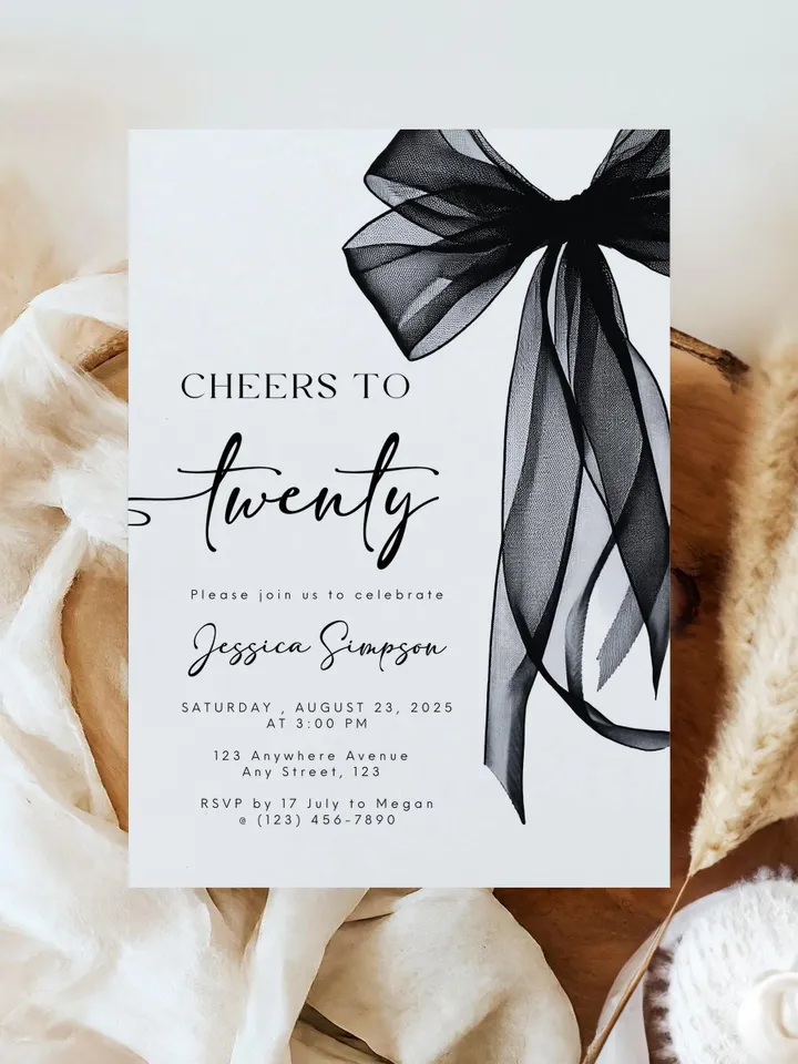 Coquette Black Bow 20th Invitation, Editable Twentieth Birthday Party Invite, DIY Digital Black Ribbon, Cheers to Twenty Invite