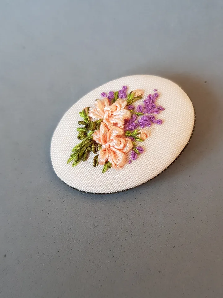 Ribbon embroidered brooch for her, hand embroidery jewelry, art.35