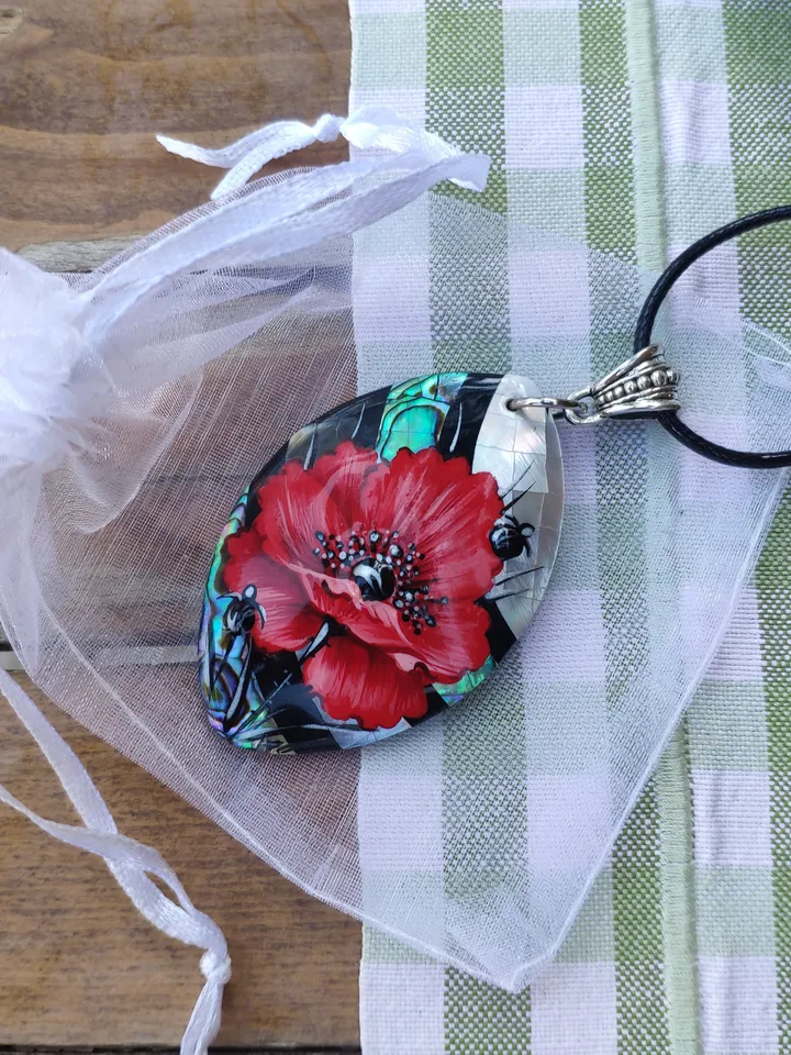 Pearl pendant necklace: Big red poppy flower on handmade necklace • Hand painted statement jewelry for dress • unique trendy floral necklace