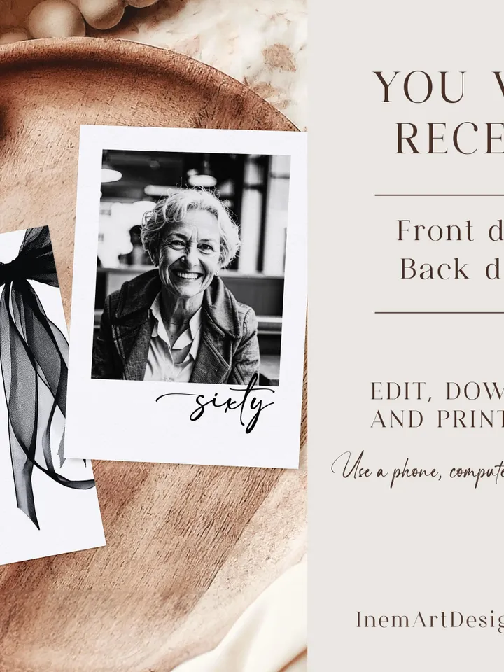 Coquette Black Bow 60th Invitation, Editable Sixtieth Birthday Party Invite, DIY Digital Black Ribbon, Cheers to Sixty Invite
