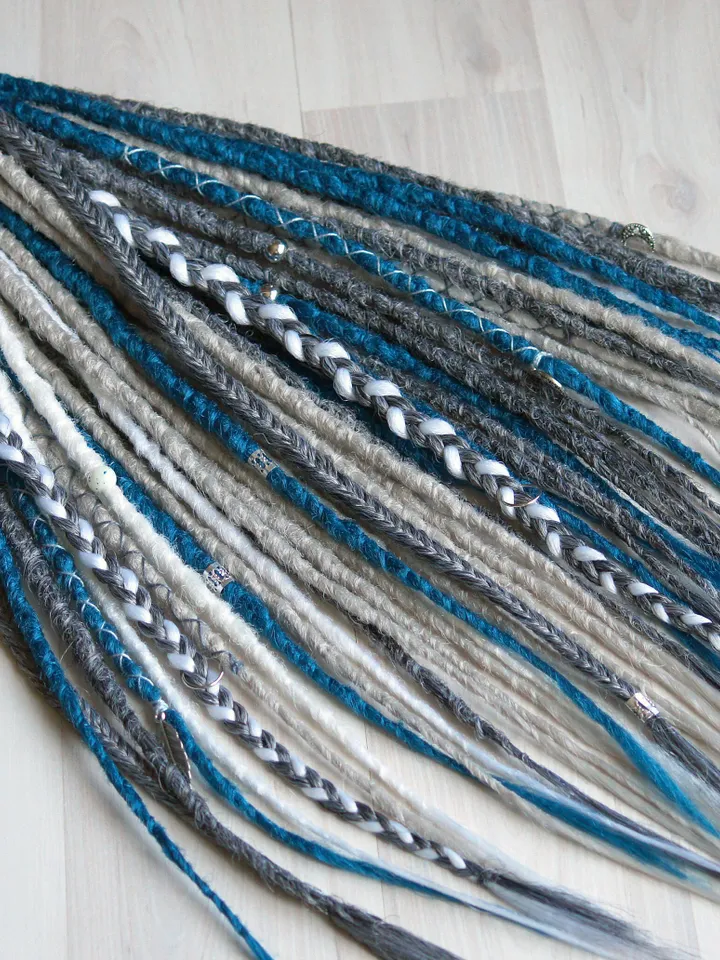 Winter set, Dreadlock extensions White grey blue dreadlock extensions. Synthetic Double Single Ended Viking Fishtail Braids Jewelry