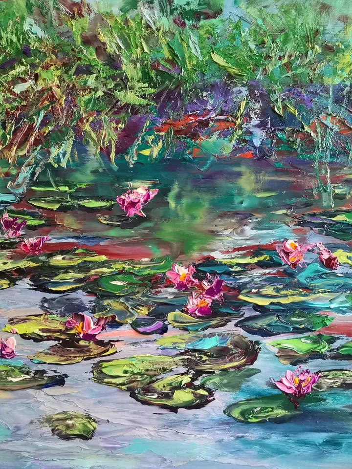 Water Lilies Pond Original Impasto Art Oil Painting Beach Artist Svinar Oksana