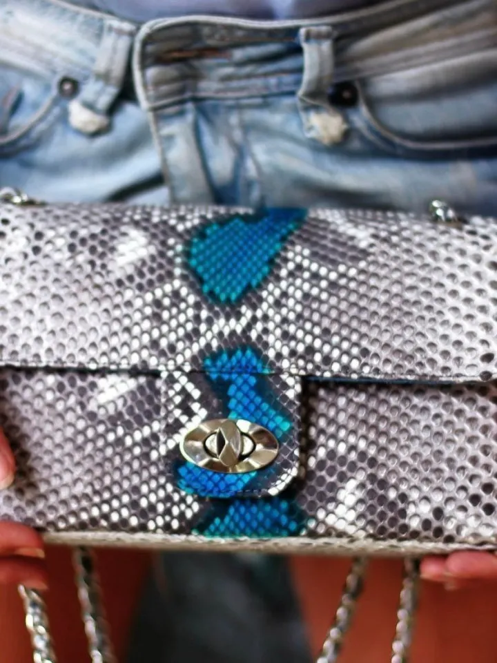 Gray and blue Genuine Python Skin Crossbody Chain Bag | Bright Summer Bag | Elegant Women Bag | Chain Strap Crossbody Deep classy Purse