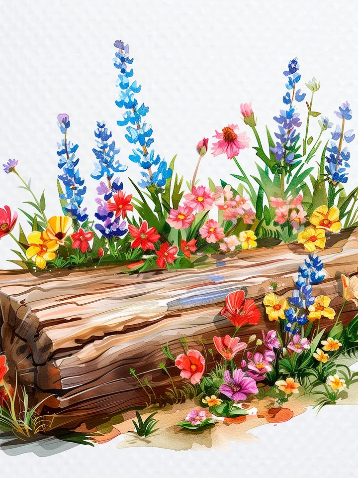 12 Wildflowers On Log png Clipart, Wild Flowers png, Printable Watercolor Wildflowers clipart for sublimation, Paper craft, junk journal