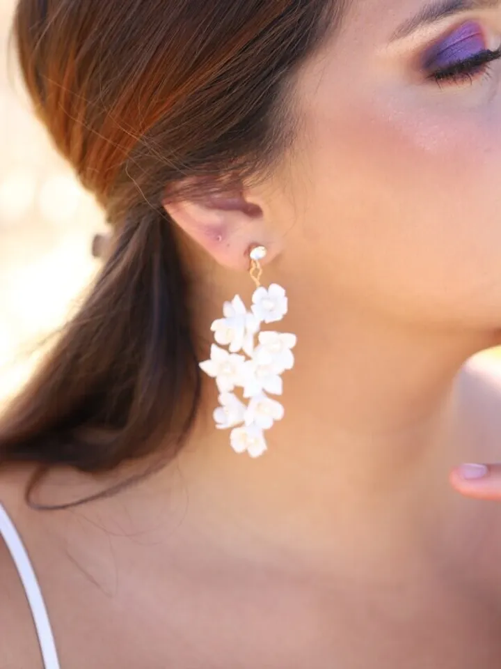 Delicate Full Porcelain Flower and Leaf Boho Wedding Earrings For Brides, Floral Bridal Earrings, Statement Wedding Jewelry, Bridal Jewelry