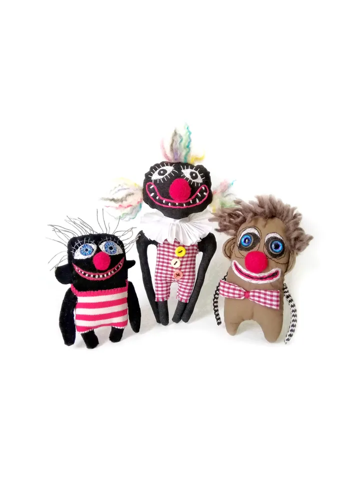 Handmade Artistic Clowns, Stuffed Funny Interior Fabric Toys, One-of-a-Kind Unique Voodoo Dolls, Delightful Decor Toys. FREE SHIPPING!