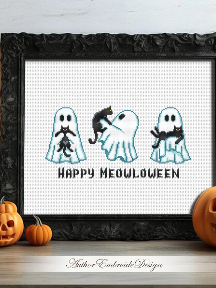 Ghost with black cat cross stitch pattern PDF download Happy Meowloween, Cute ghost cross stitch chart, Halloween pattern digital PDF #H90