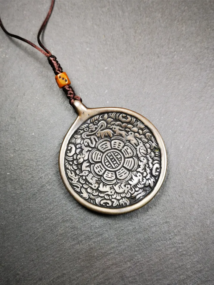 Gandhanra Antique SIPAHO(srid pa ho) Amulet, Tibetan Buddhist Astrology Calendar Badge,12 zodiac Melong Mirror, Jiugong Bagua,30 Years Old